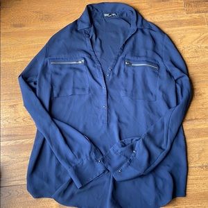 Dark blue blouse with gold buttons and collar